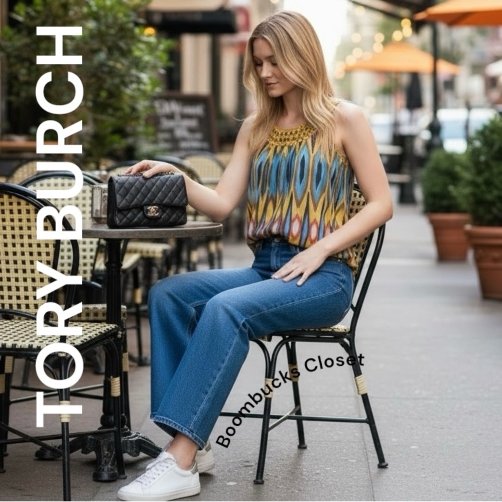 Tory Burch 100% Silk Ikat printed embellished. Sparkly jewelled neckline size 4